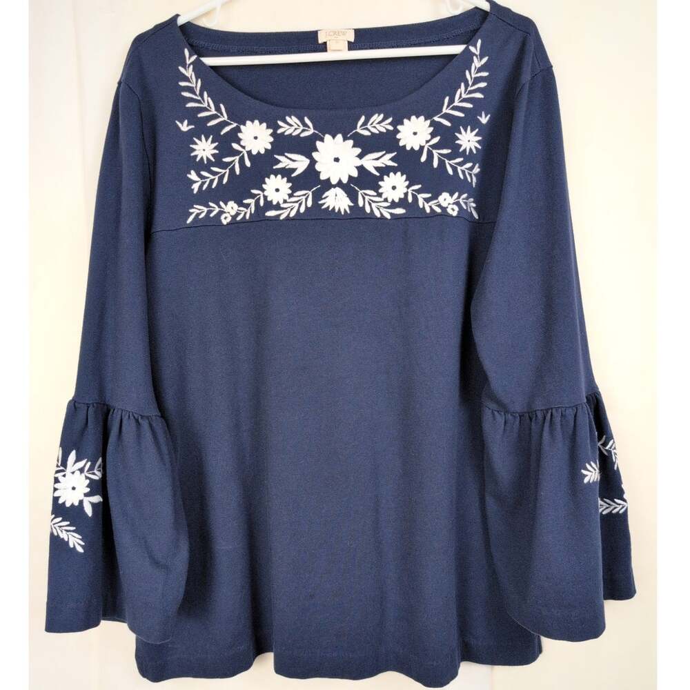 J.Crew navy blue embroidered floral bell sleeve top size XL Boho Retro Feminine